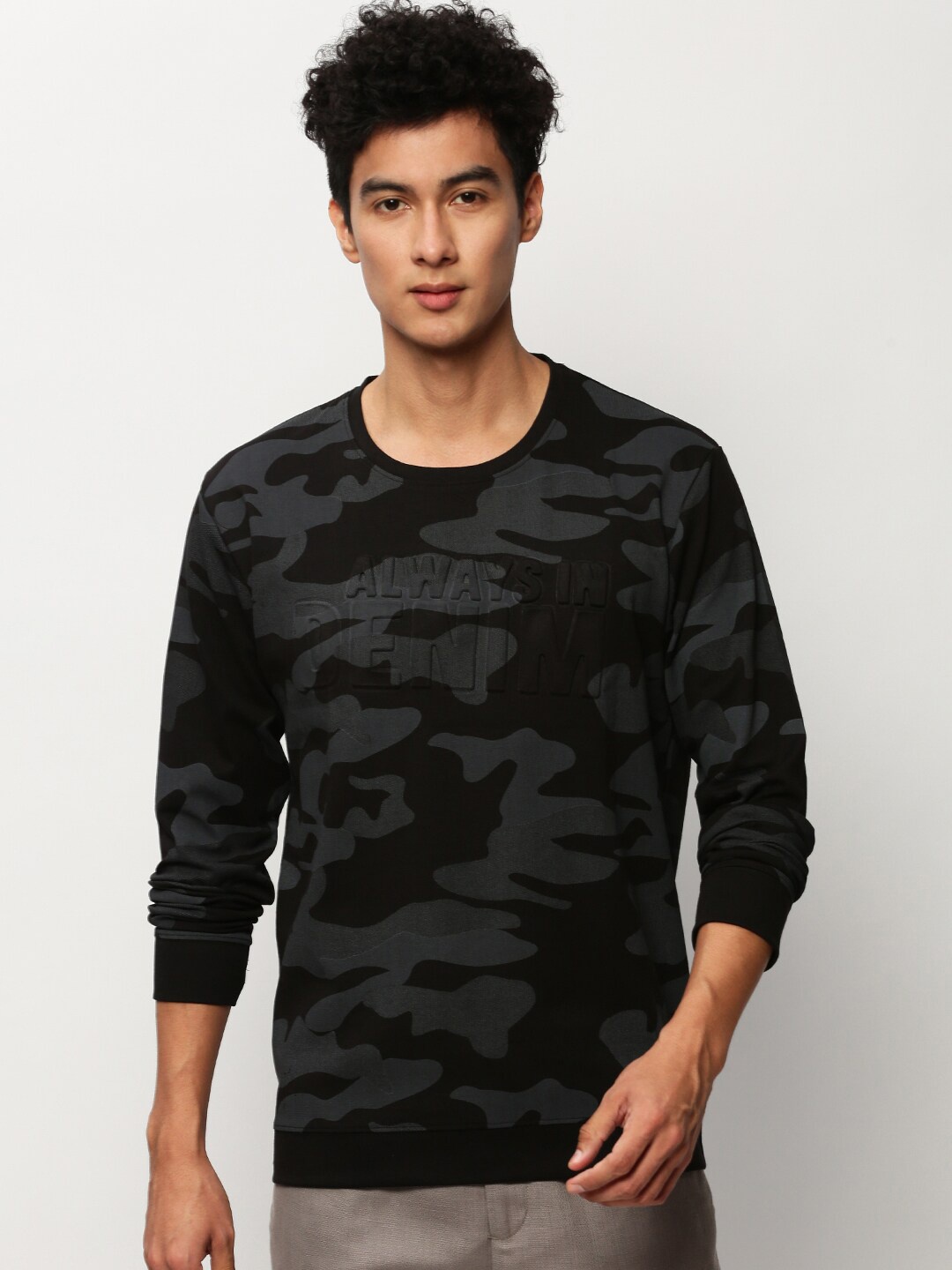 

SHOWOFF Camouflage Printed Round Neck Cotton Pullover, Black