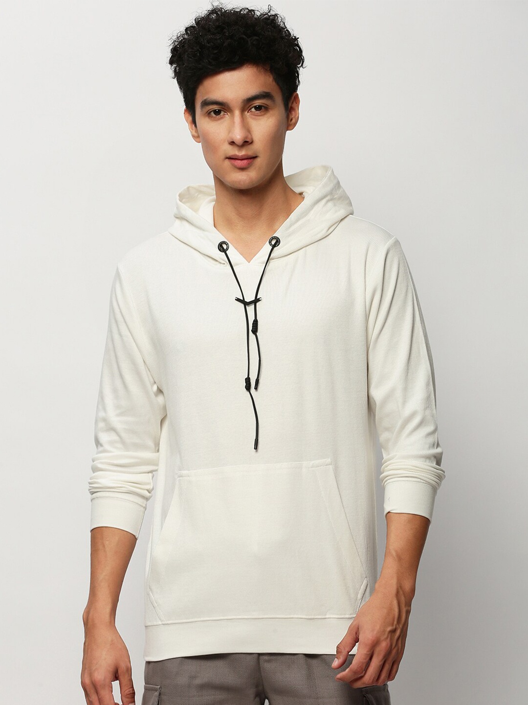 

SHOWOFF Long Sleeves Hooded Cotton Pullover, White