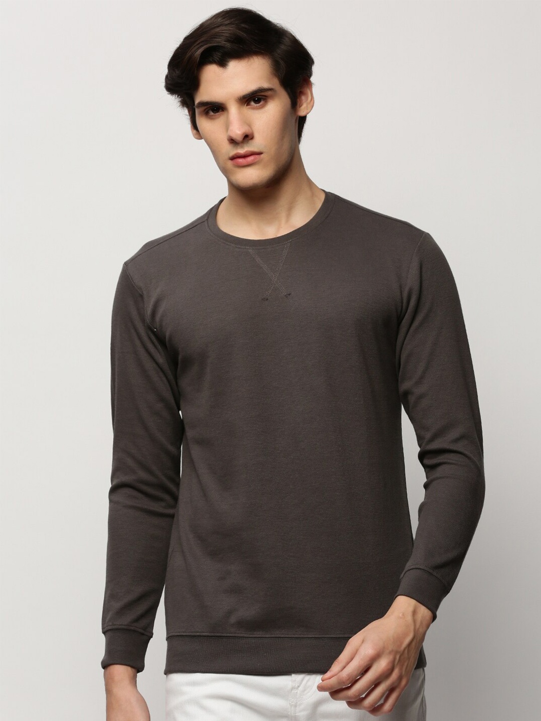 

SHOWOFF Round Neck Long Sleeves Cotton Pullover, Grey