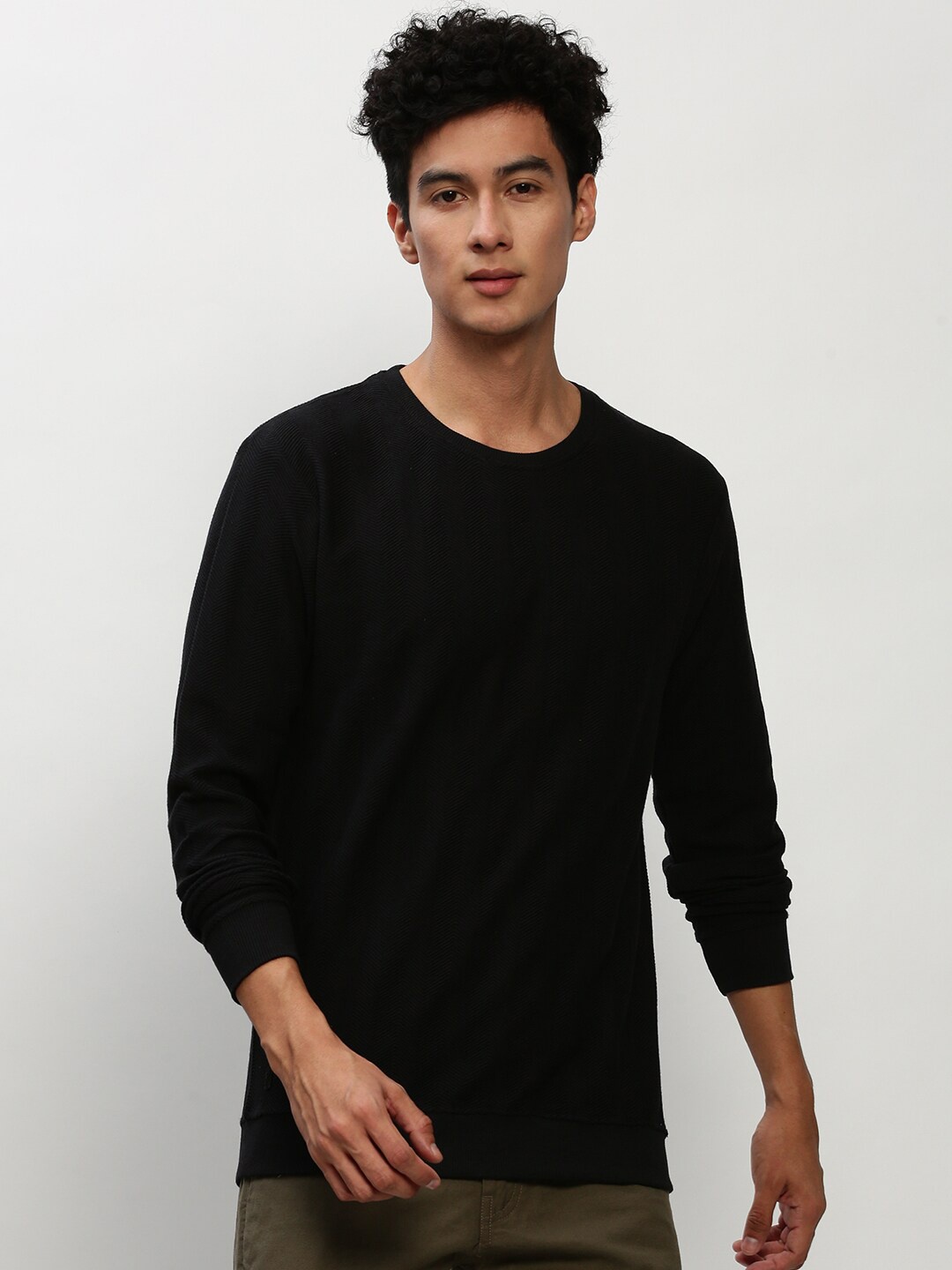 

SHOWOFF Round Neck Long Sleeves Cotton Pullover, Black