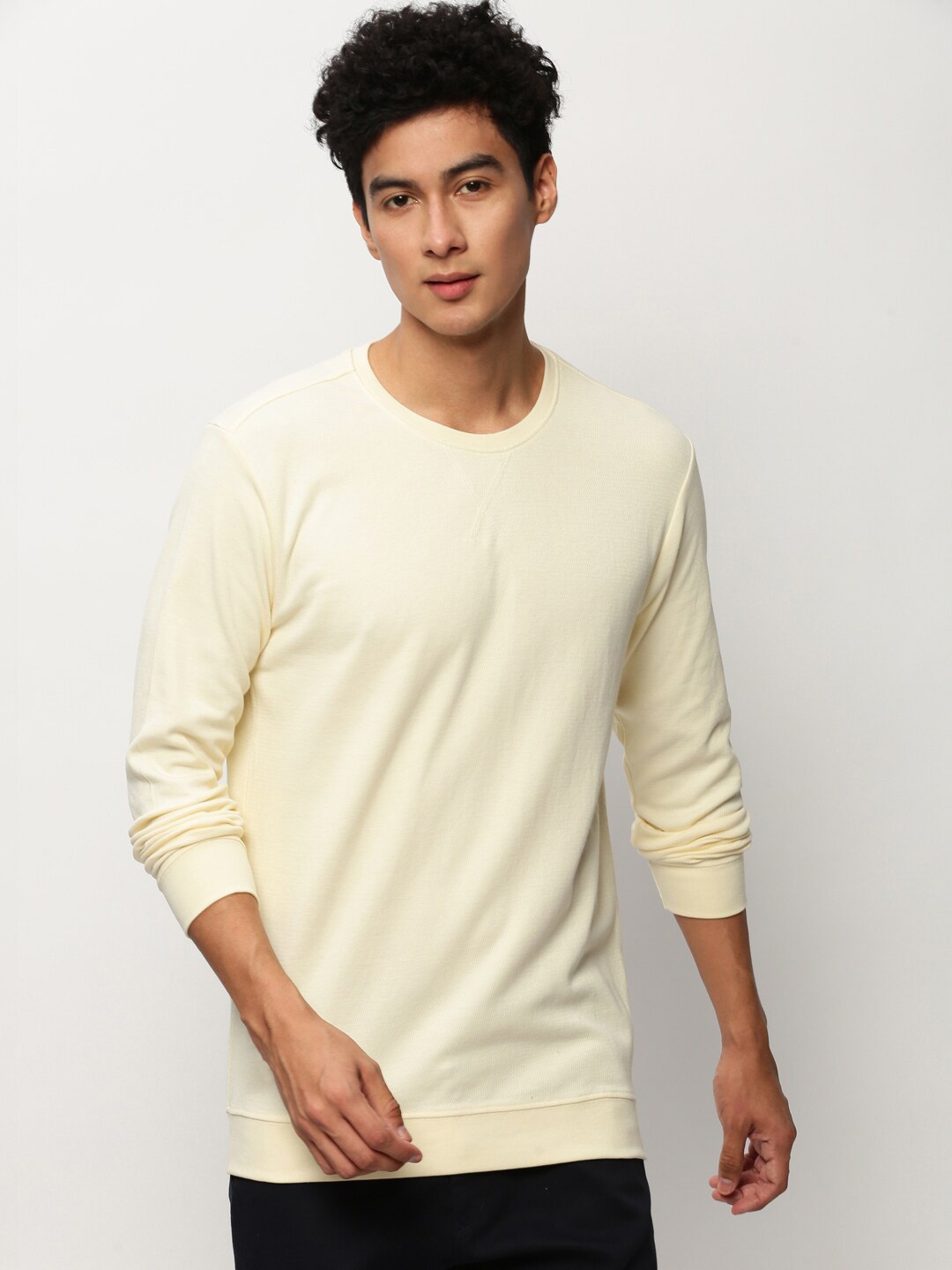 

SHOWOFF Round Neck Long Sleeves Cotton Pullover, Cream