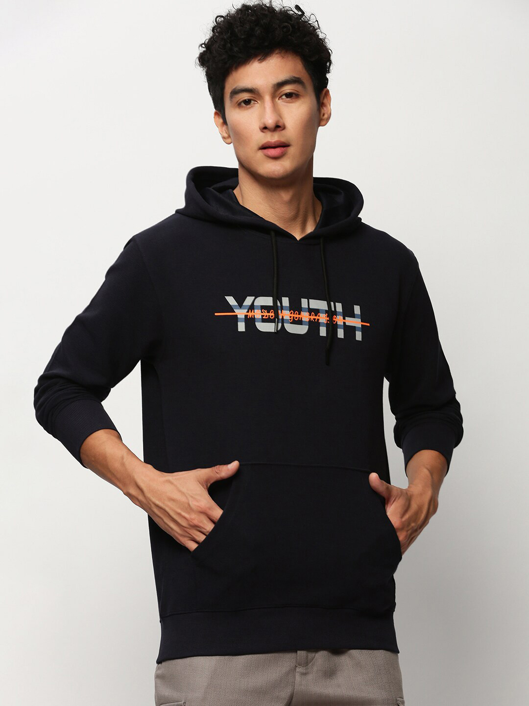 

SHOWOFF Typography Printed Hooded Cotton Pullover Sweatshirt, Navy blue