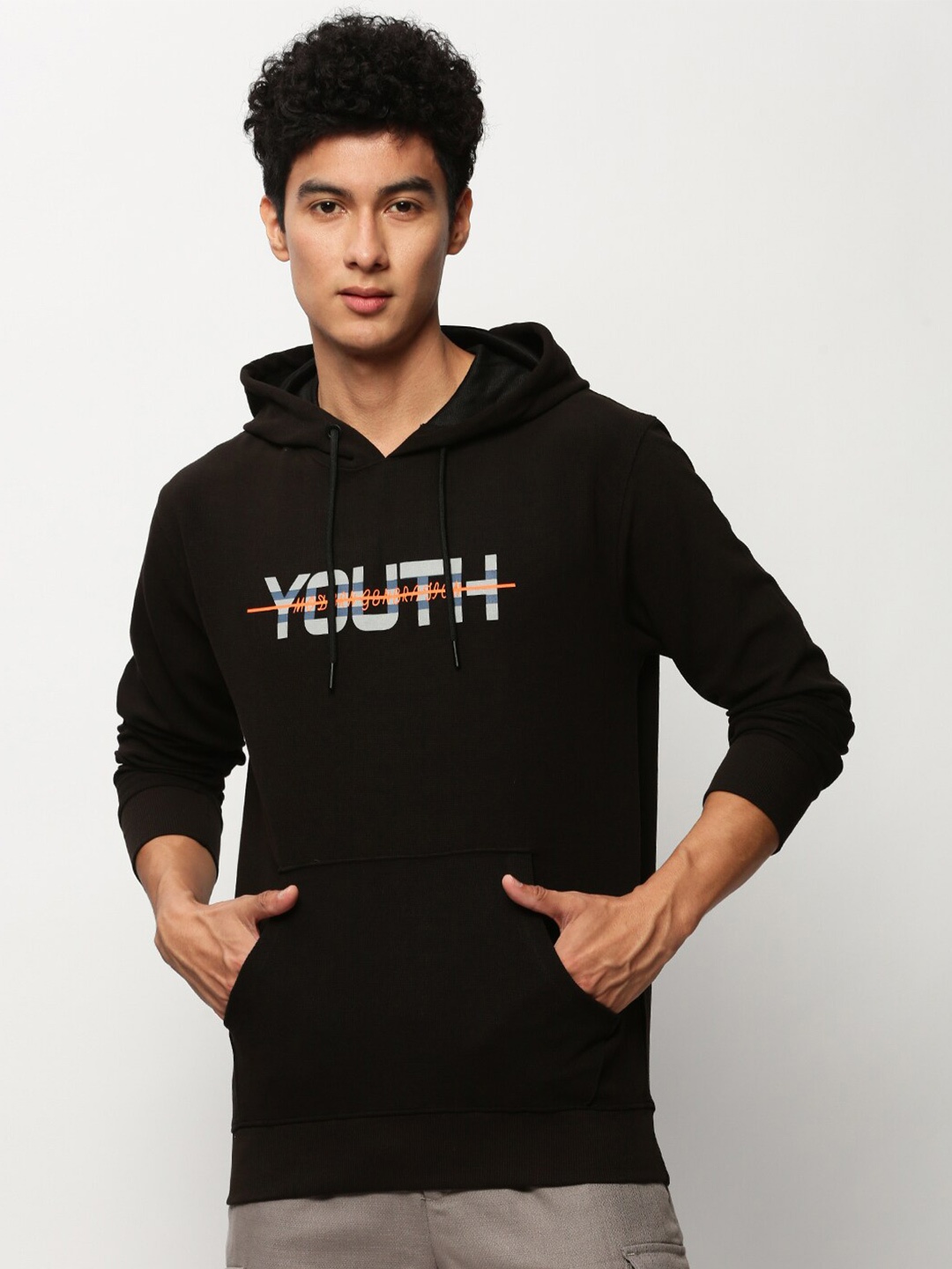 

SHOWOFF Typography Printed Cotton Hooded Pullover, Black