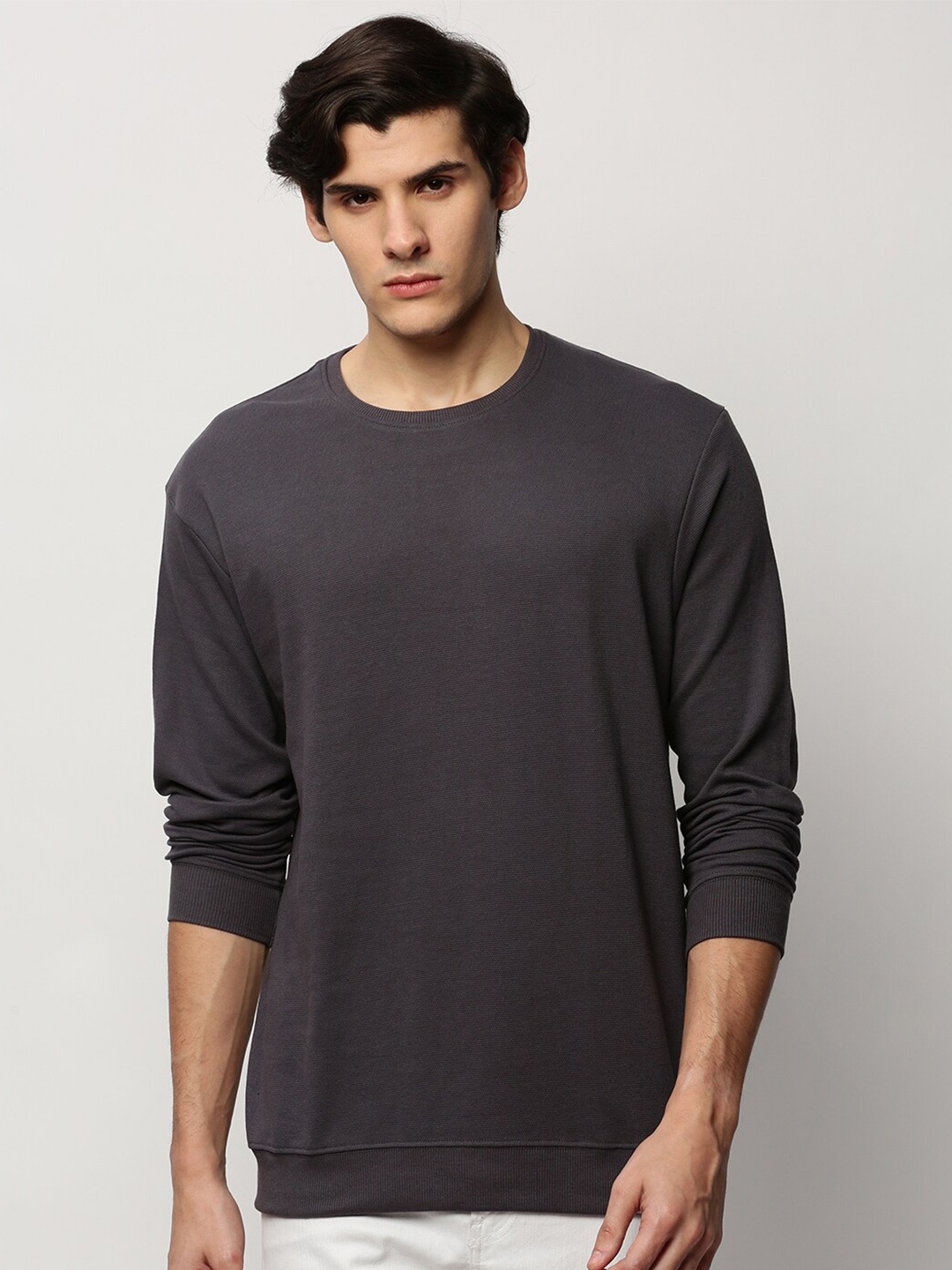 

SHOWOFF Round Neck Long Sleeves Cotton Pullover, Grey