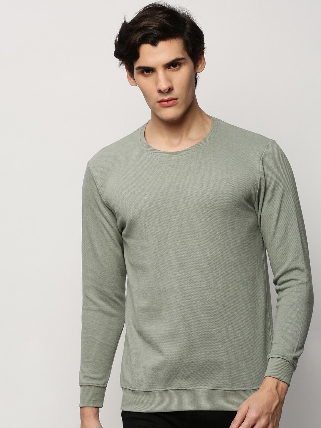 

SHOWOFF Round Neck Long Sleeves Cotton Pullover, Sea green