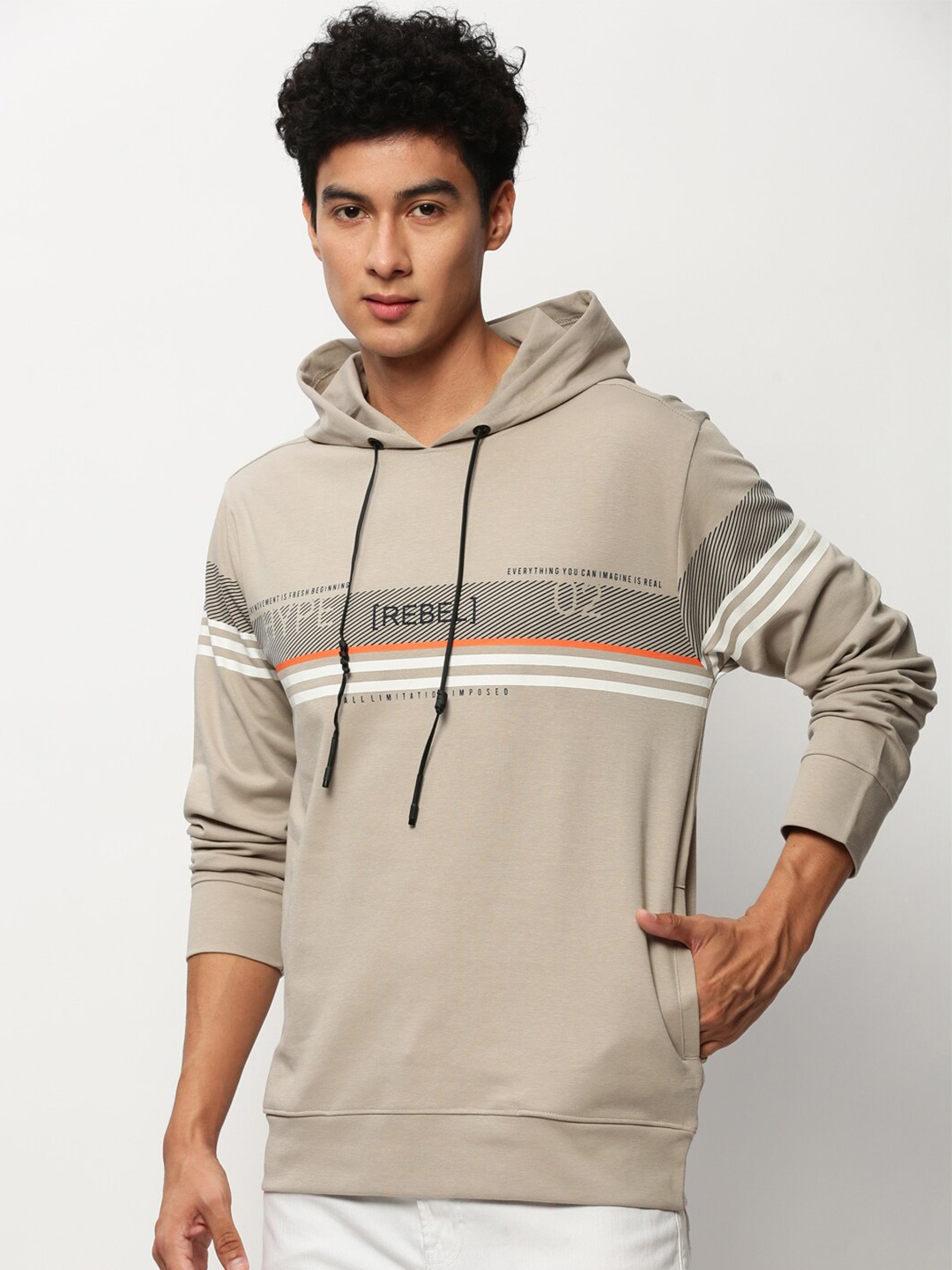 

SHOWOFF Striped Hooded Cotton Pullover, Beige