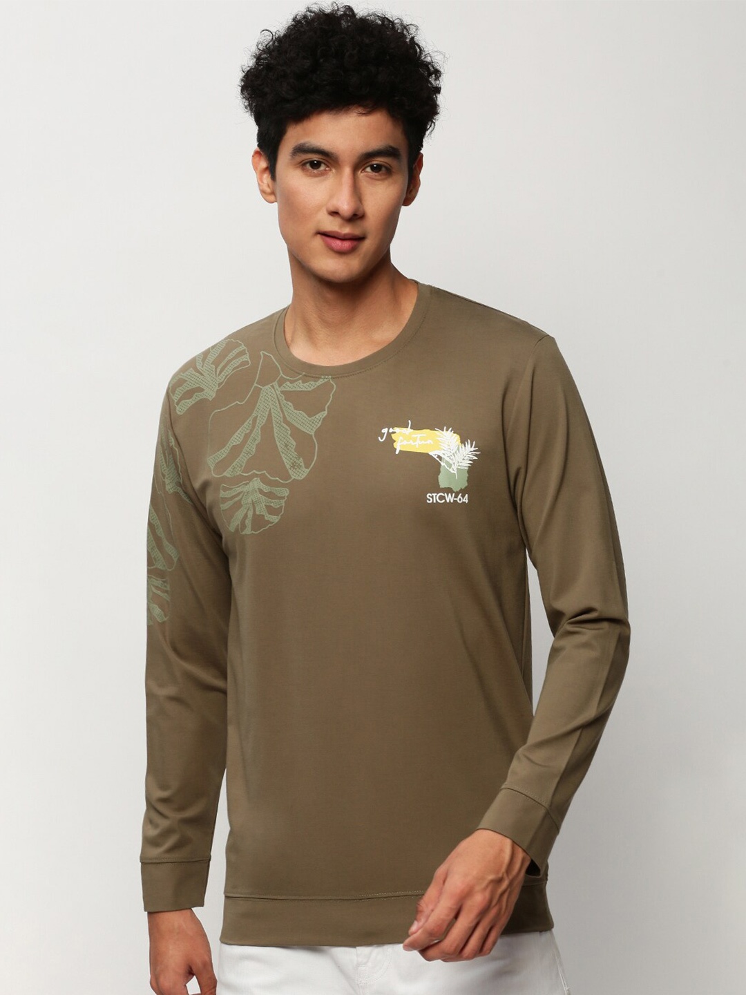 

SHOWOFF Graphic Printed Round Neck Cotton Pullover, Olive