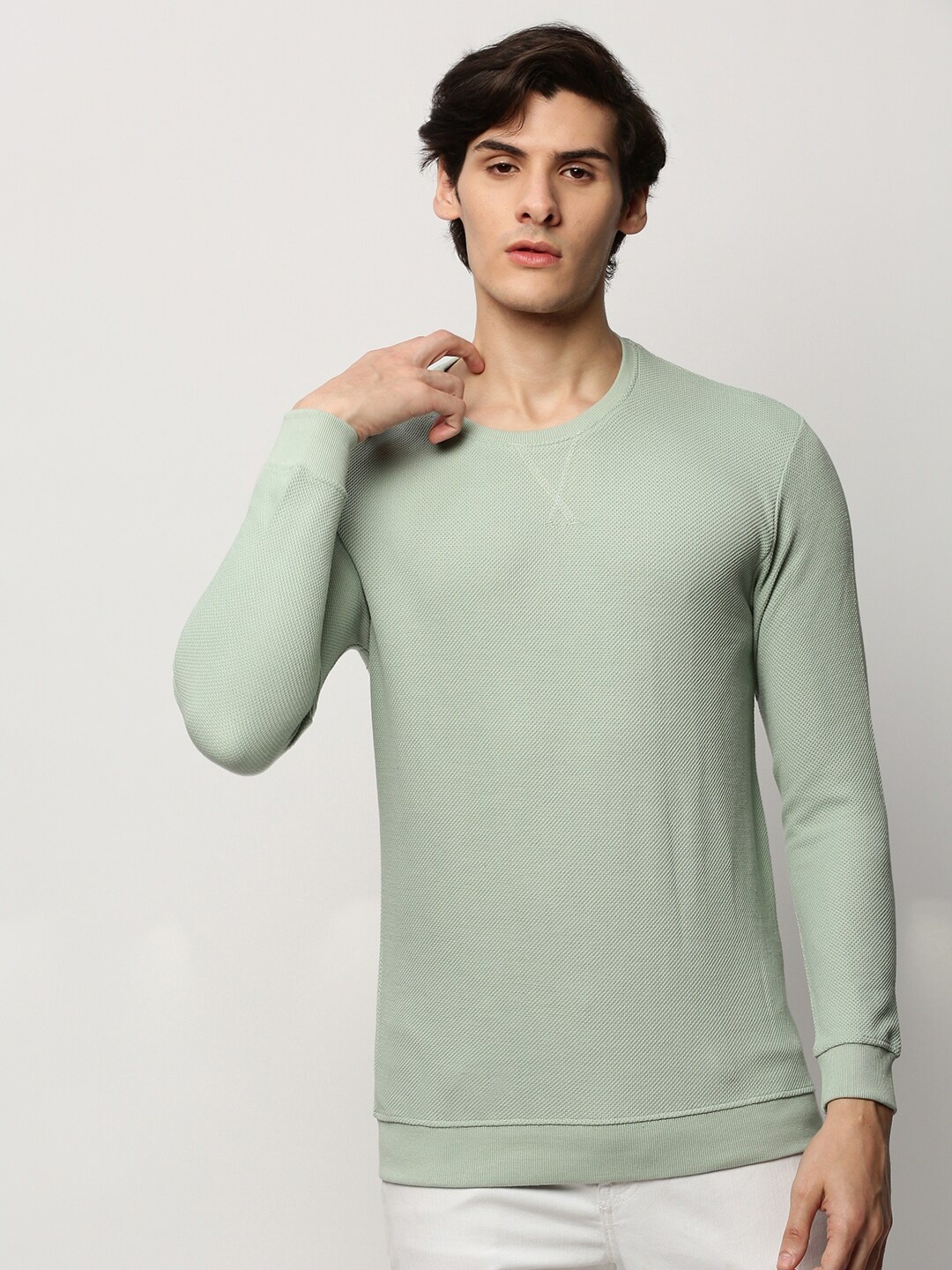 

SHOWOFF Round Neck Self Design Cotton Sweatshirt, Sea green