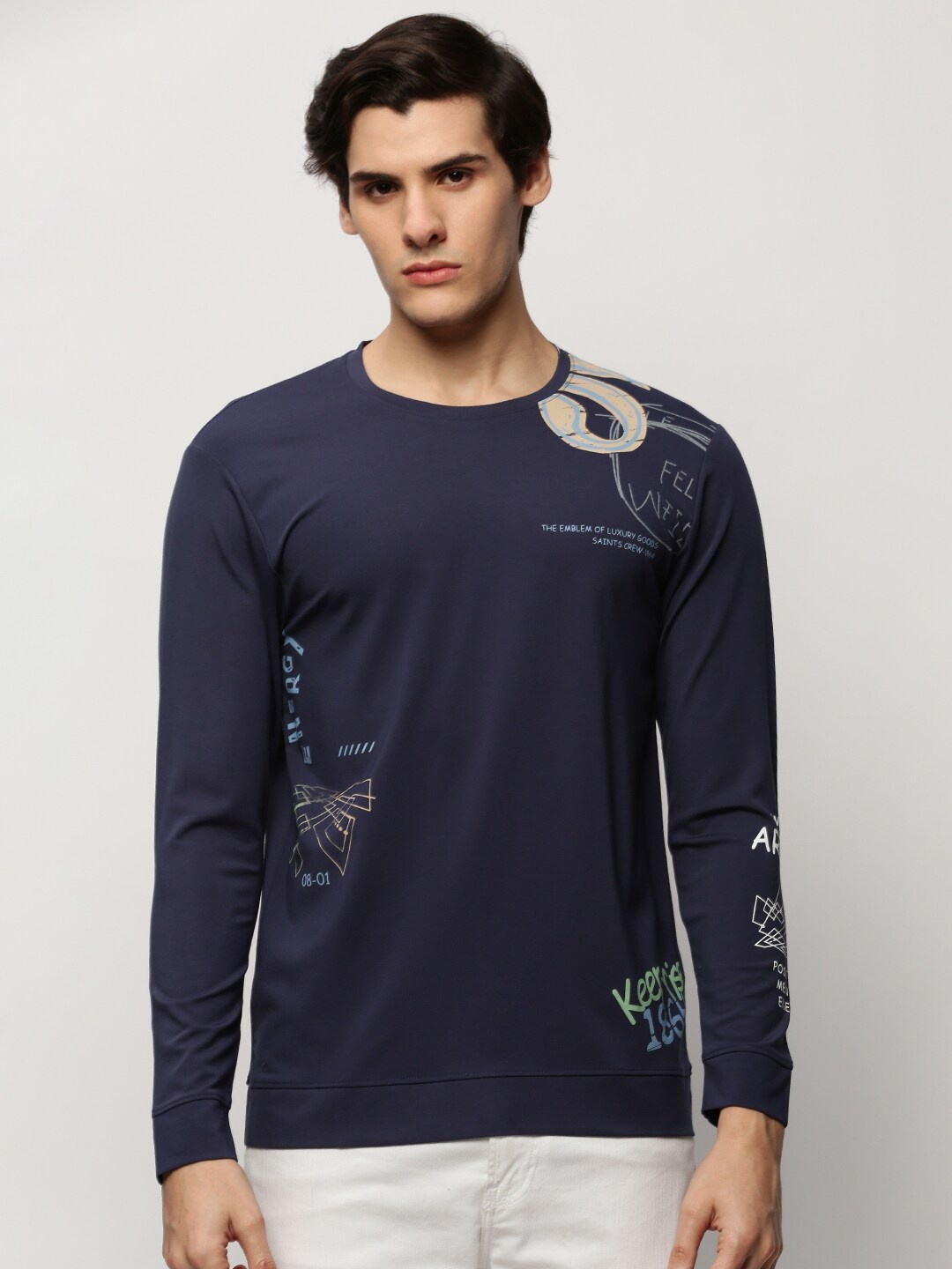 

SHOWOFF Printed Round Neck Cotton Sweatshirt, Navy blue