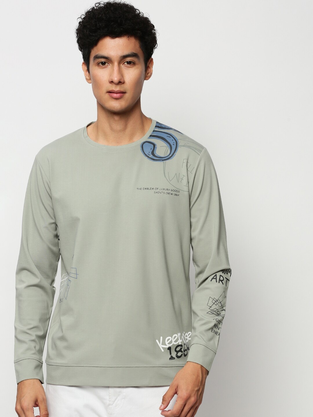 

SHOWOFF Printed Round Neck Cotton Sweatshirt, Sea green