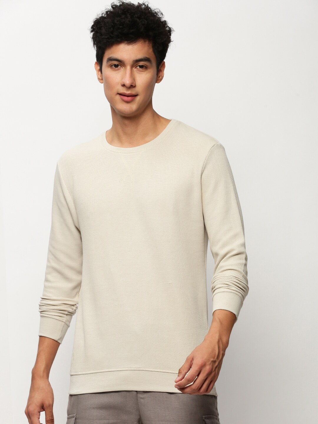 

SHOWOFF Round Neck Long Sleeves Cotton Pullover, Beige