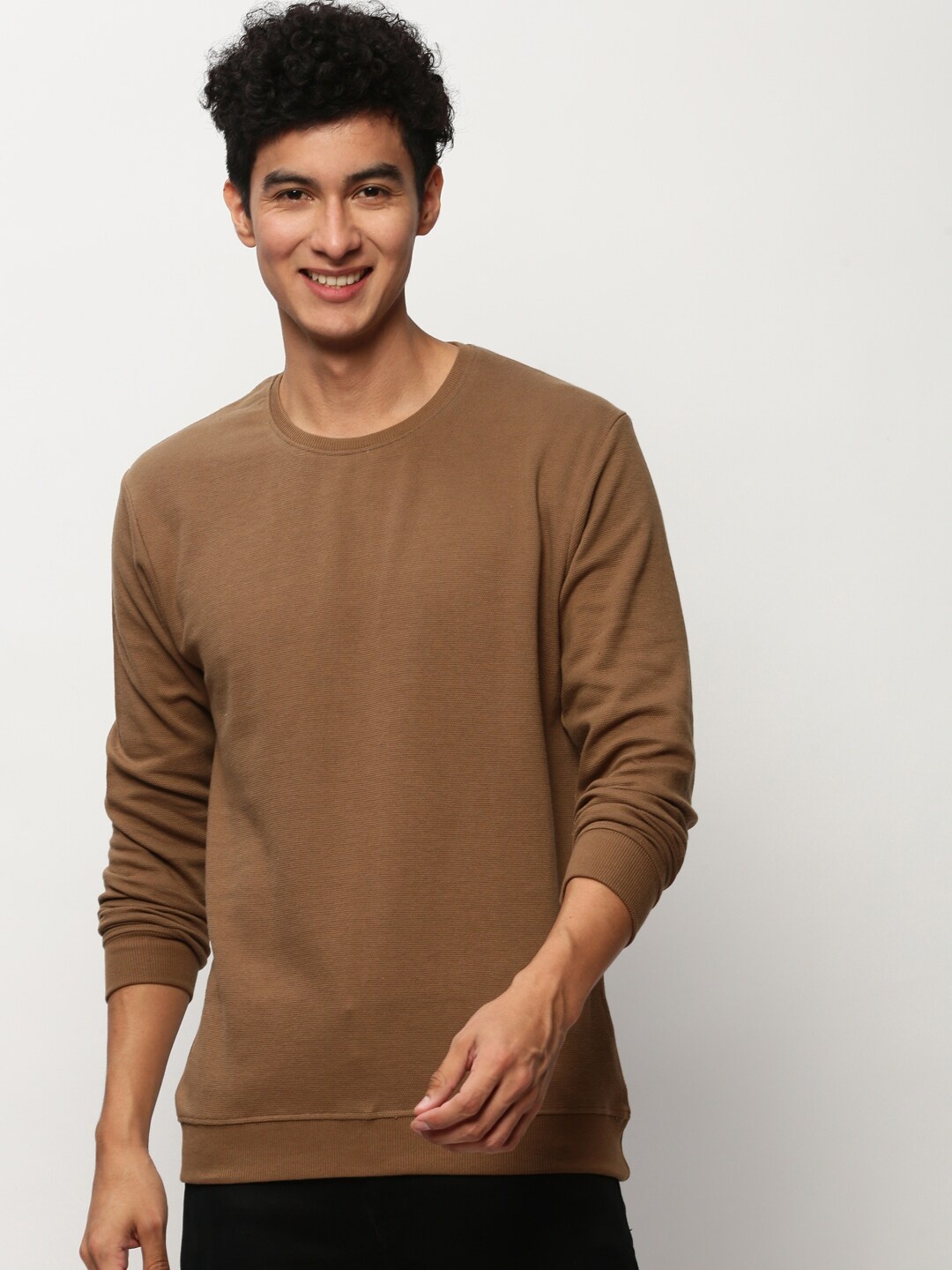 

SHOWOFF Round Neck Cotton Sweatshirt, Camel brown