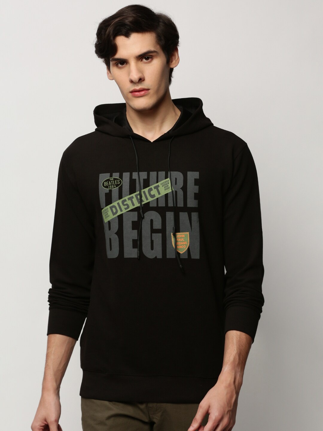 

SHOWOFF Typography Printed Hooded Cotton Pullover, Black