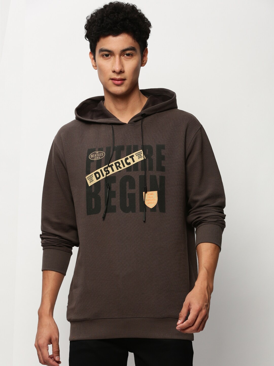 

SHOWOFF Typography Printed Cotton Hooded Sweatshirt, Brown