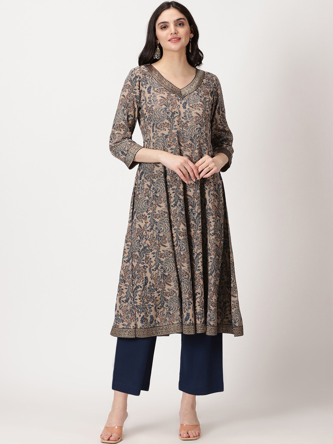 

Saffron Threads Floral Printed Anarkali Kurta with Brocade Lace, Beige
