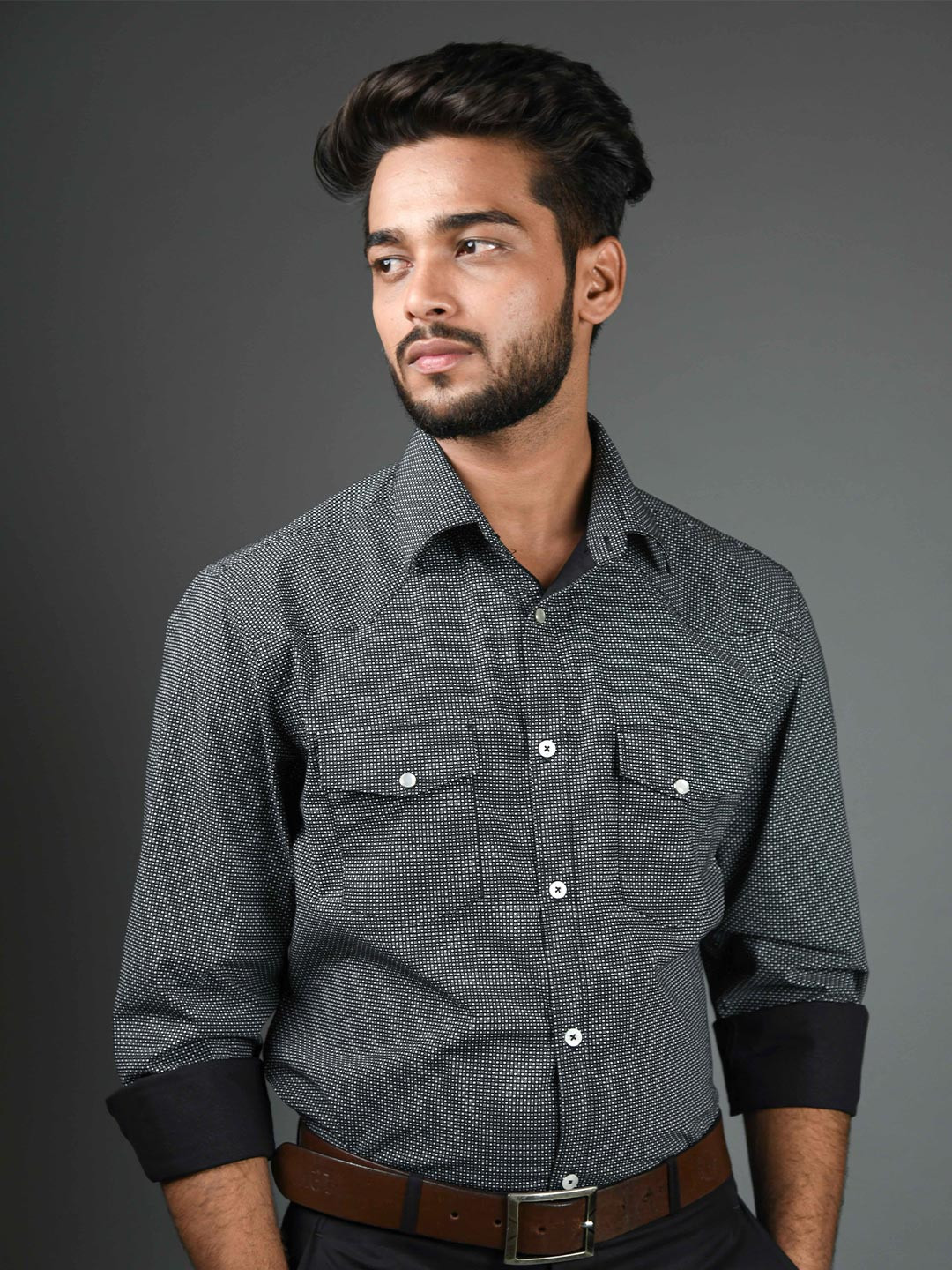 

Justin Whyte Classic Printed Spread Collar Pure Cotton Formal Shirt, Black
