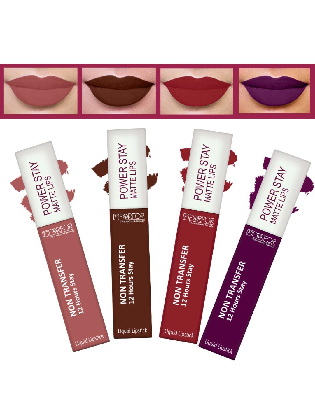 

FORFOR Set of 4 Powerstay Non-Transfer Waterproof Liquid Matte Lipstick - 5ml Each, Brown