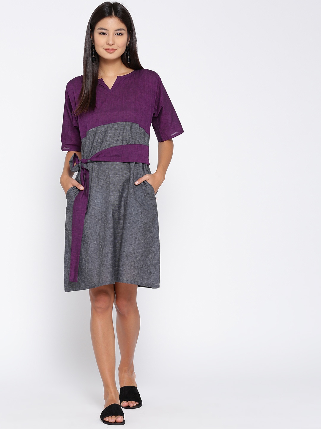 

ANAN Women Purple & Charcoal Grey Colourblocked A-Line Dress