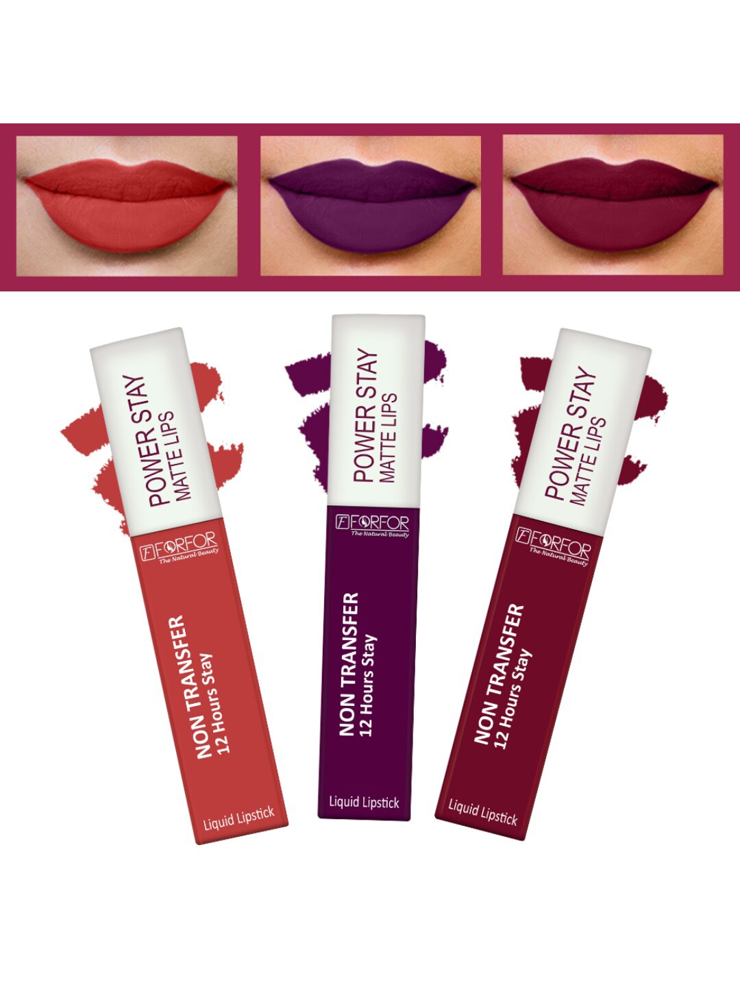 

FORFOR Set of 3 Powerstay Non-Transfer Waterproof Liquid Matte Lipstick - 5ml Each, Red