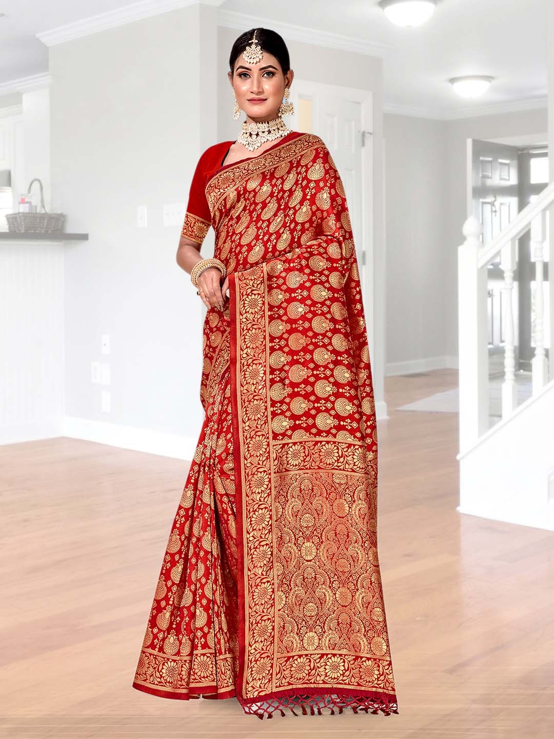 

Anouk Red & Gold-Toned Woven Design Zari Art Silk Banarasi Saree