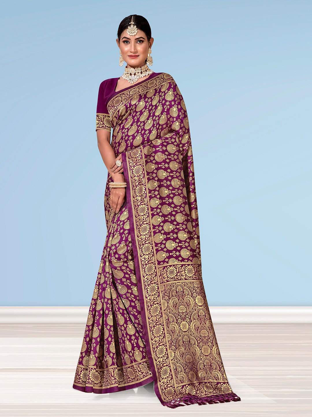 

Anouk Ethnic Motifs Woven Design Zari Art Silk Jacquard Banarasi Saree, Purple