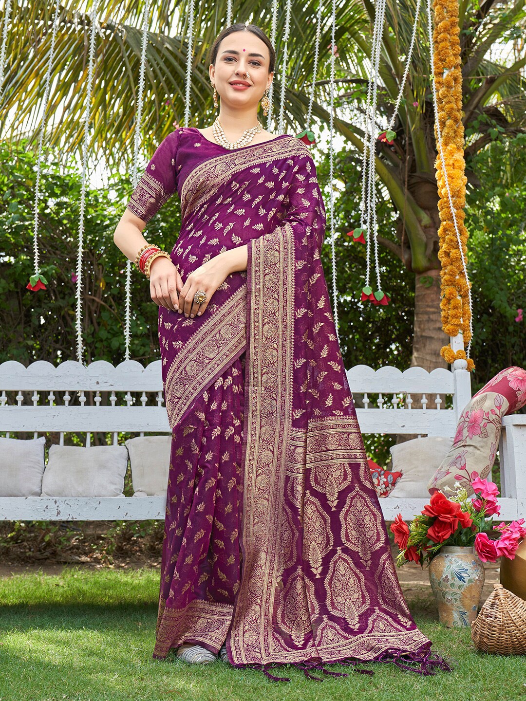 

Anouk Ethnic Motifs Woven Design Zari Pure Cotton Chanderi Saree, Pink