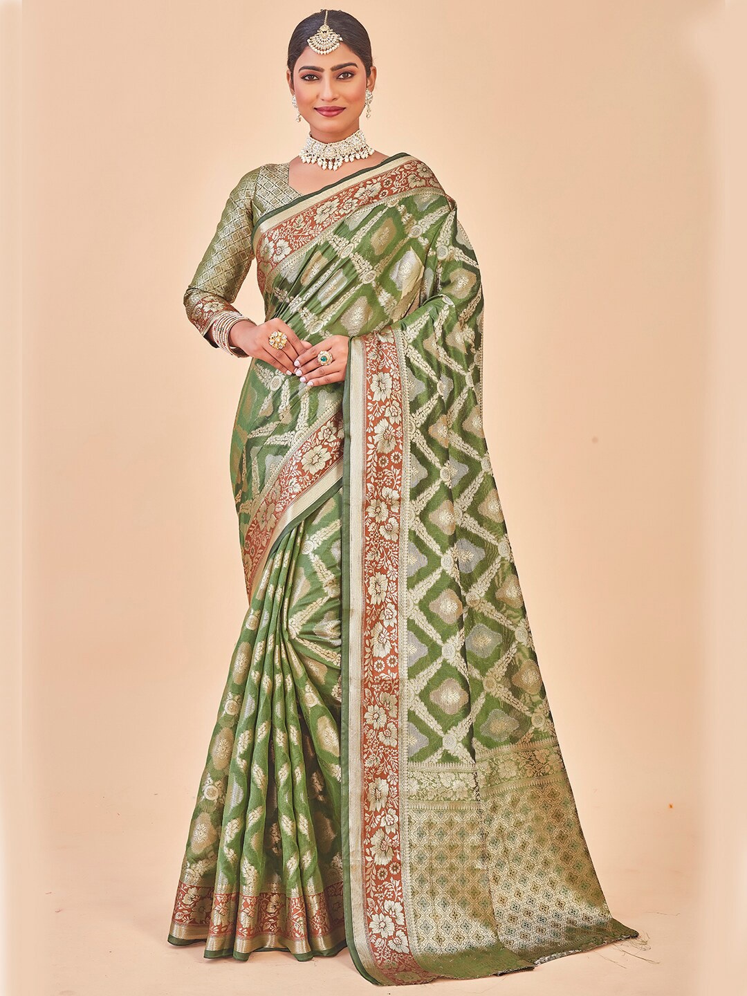 

Anouk Woven Design Zari Kanjeevaram Saree, Lime green