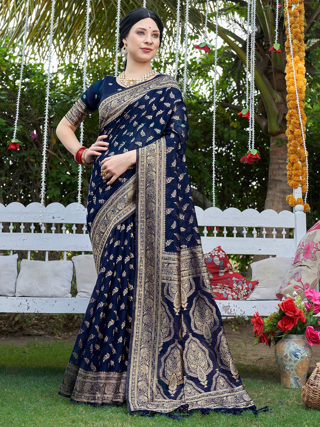 

Anouk Woven Design Zari Pure Cotton Chanderi Saree, Blue