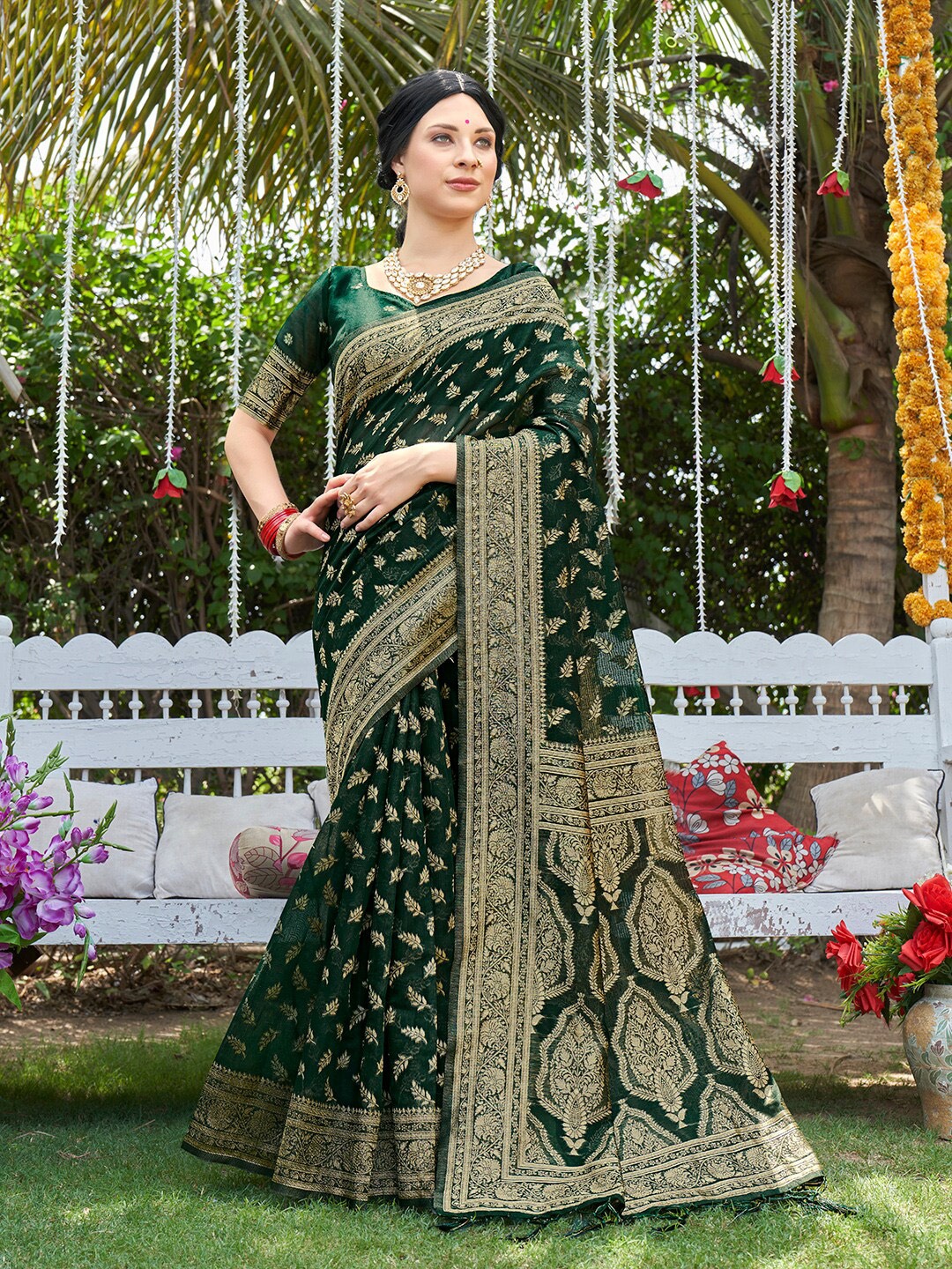 

Anouk Ethnic Motifs Woven Design Zari Detailed Pure Cotton Chanderi Saree, Green