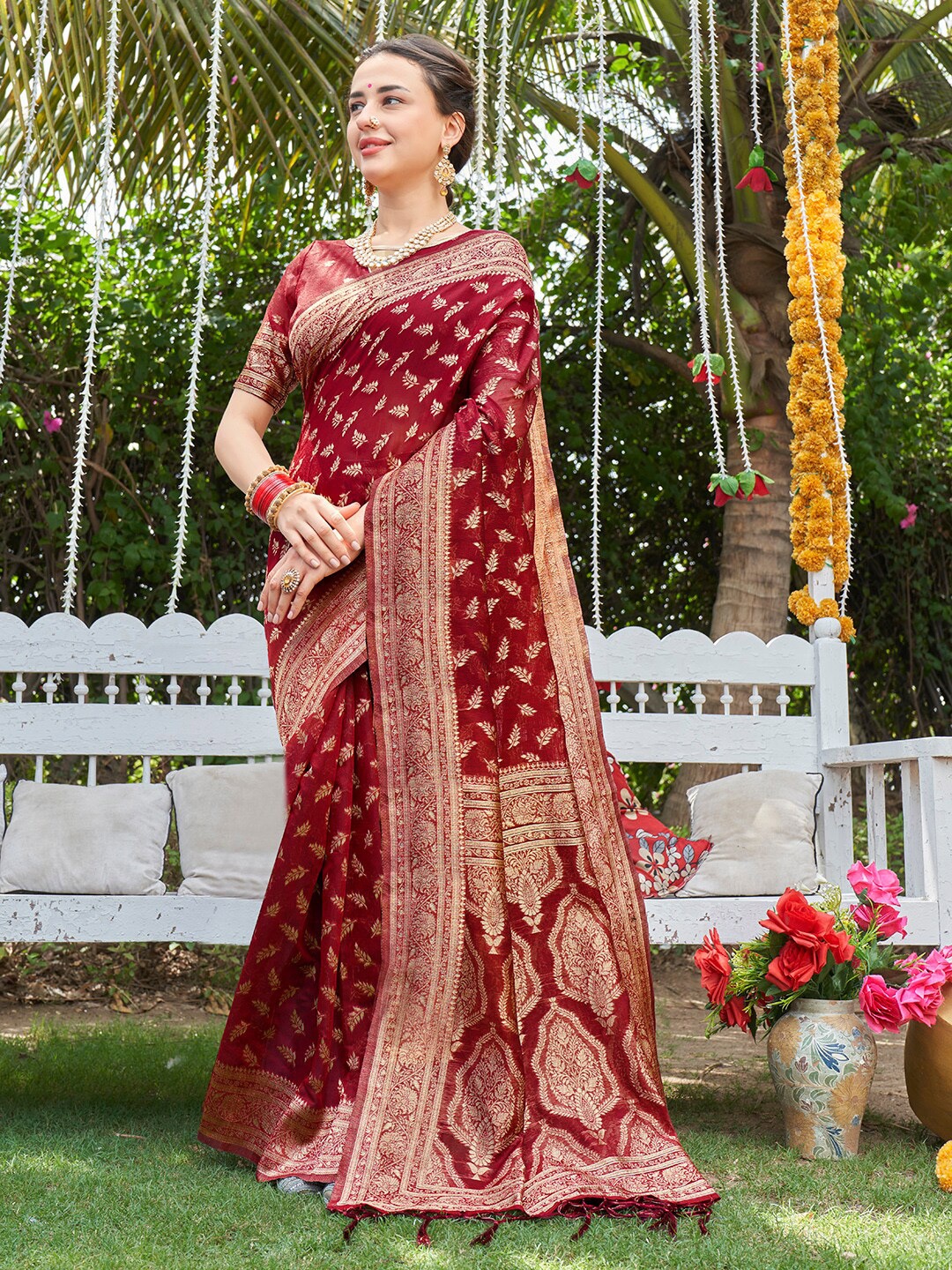 

Anouk Rustic Ethnic Motifs Woven Design Zari Detailed Pure Cotton Chanderi Saree, Red