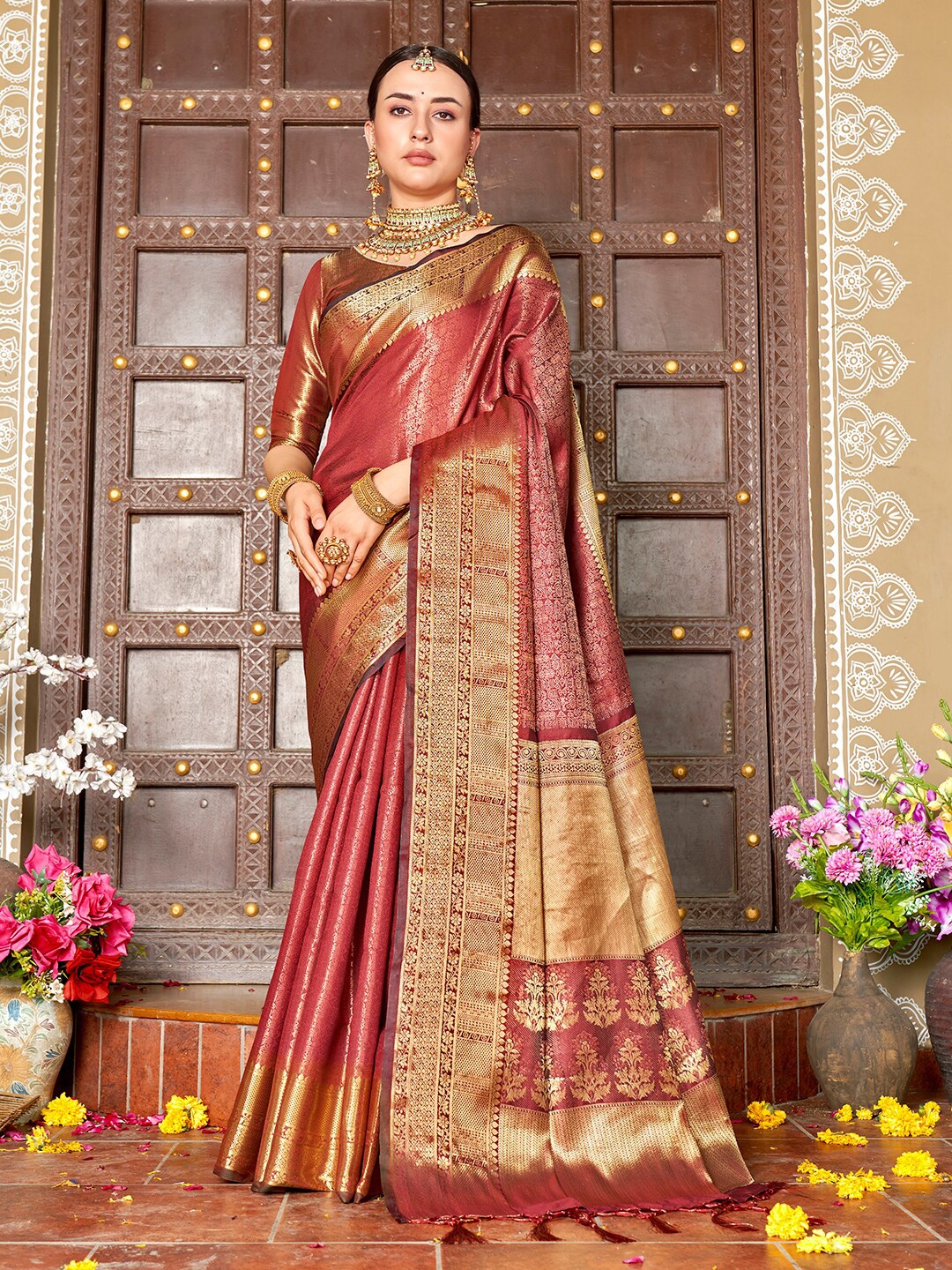 

Anouk Ethnic Motifs Woven Design Zari Detailed Kanjeevaram Saree, Red