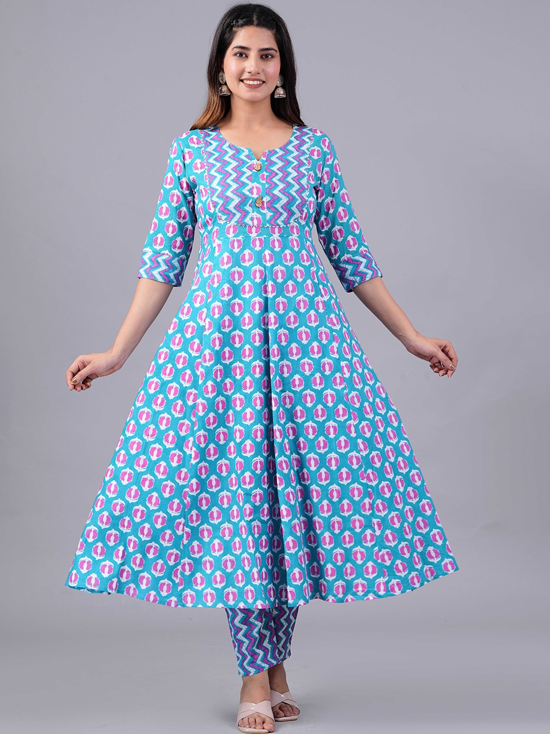 

Sanganeri Kurti Floral Printed A-Line Kurta with Trousers, Blue