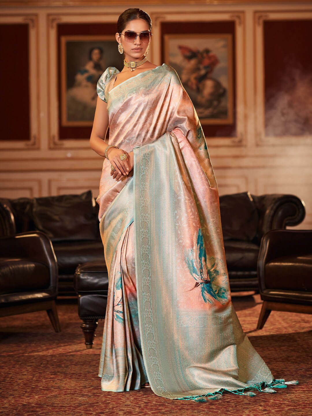 

KARAGIRI Ethnic Motifs Woven Design Zari Saree, Peach