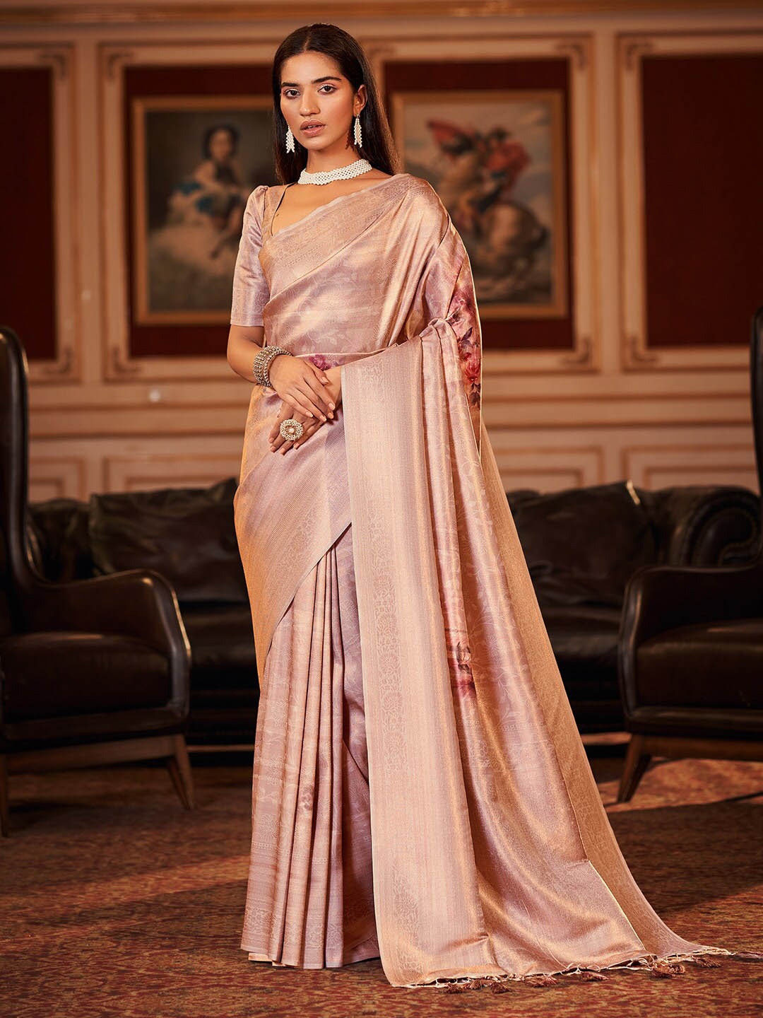 

KARAGIRI Floral Woven Design Zari Silk Blend Saree, Rose gold