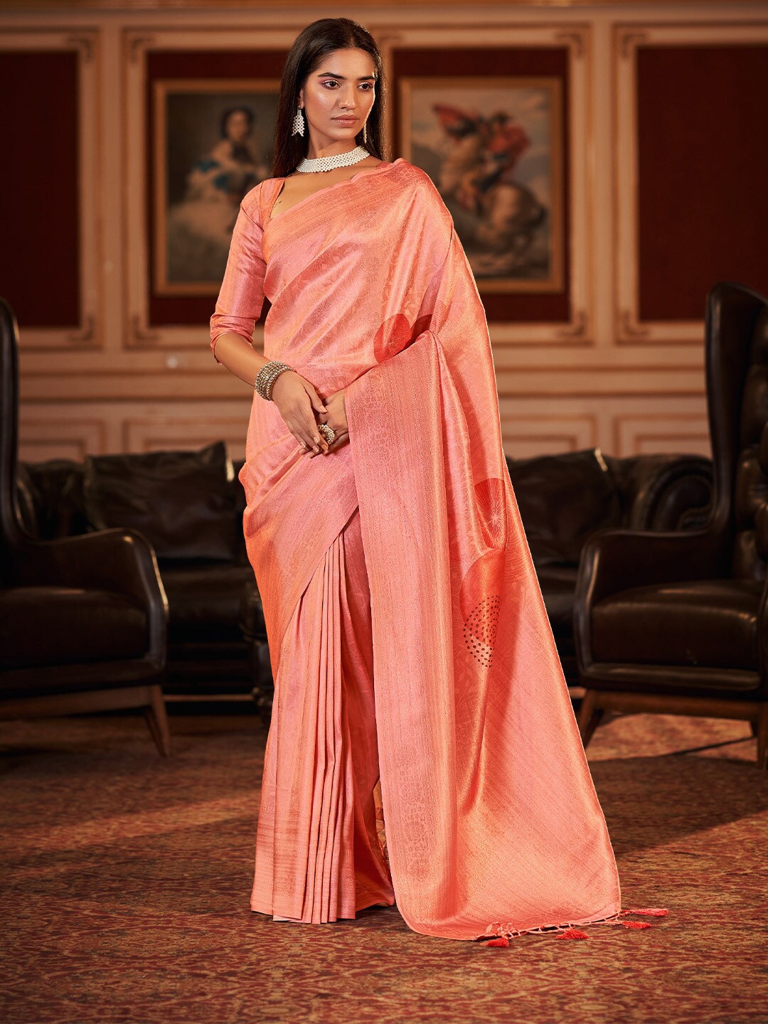 

KARAGIRI Ethnic Motifs Woven Design Zari Saree, Peach