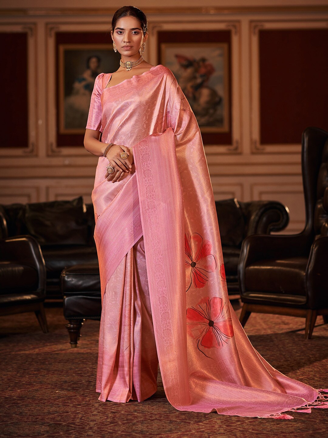

KARAGIRI Floral Woven Design Zari Saree, Pink