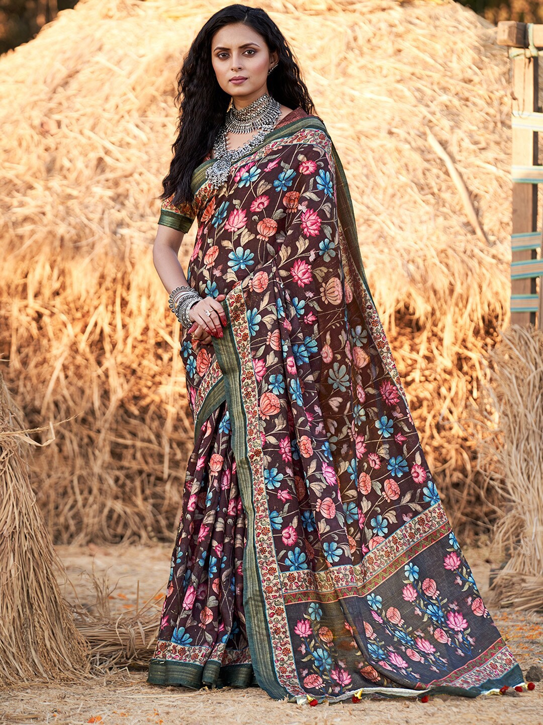 

KARAGIRI Floral Printed Zari Saree, Brown