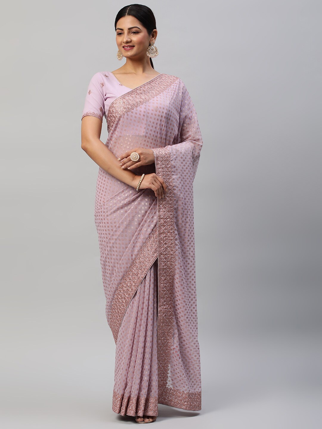 

kasee Geometric Printed Saree With Embroidered Border, Lavender