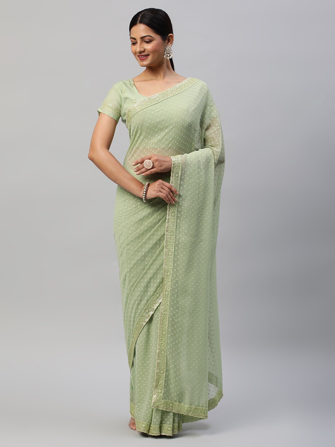 

kasee Geometric Woven Design Sequinned Saree, Green