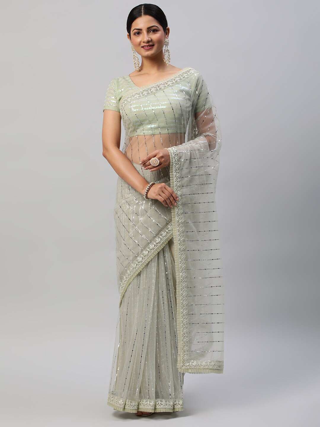 

kasee Embellished Mirror Work Net Saree, Green