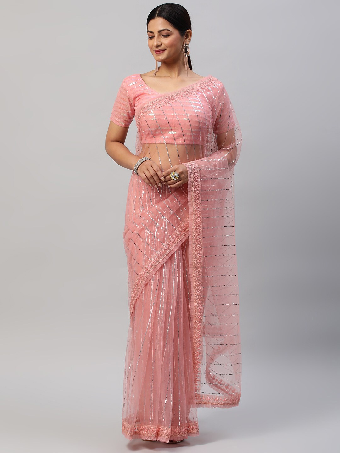 

kasee Embellished Mirror Work Net Saree, Pink