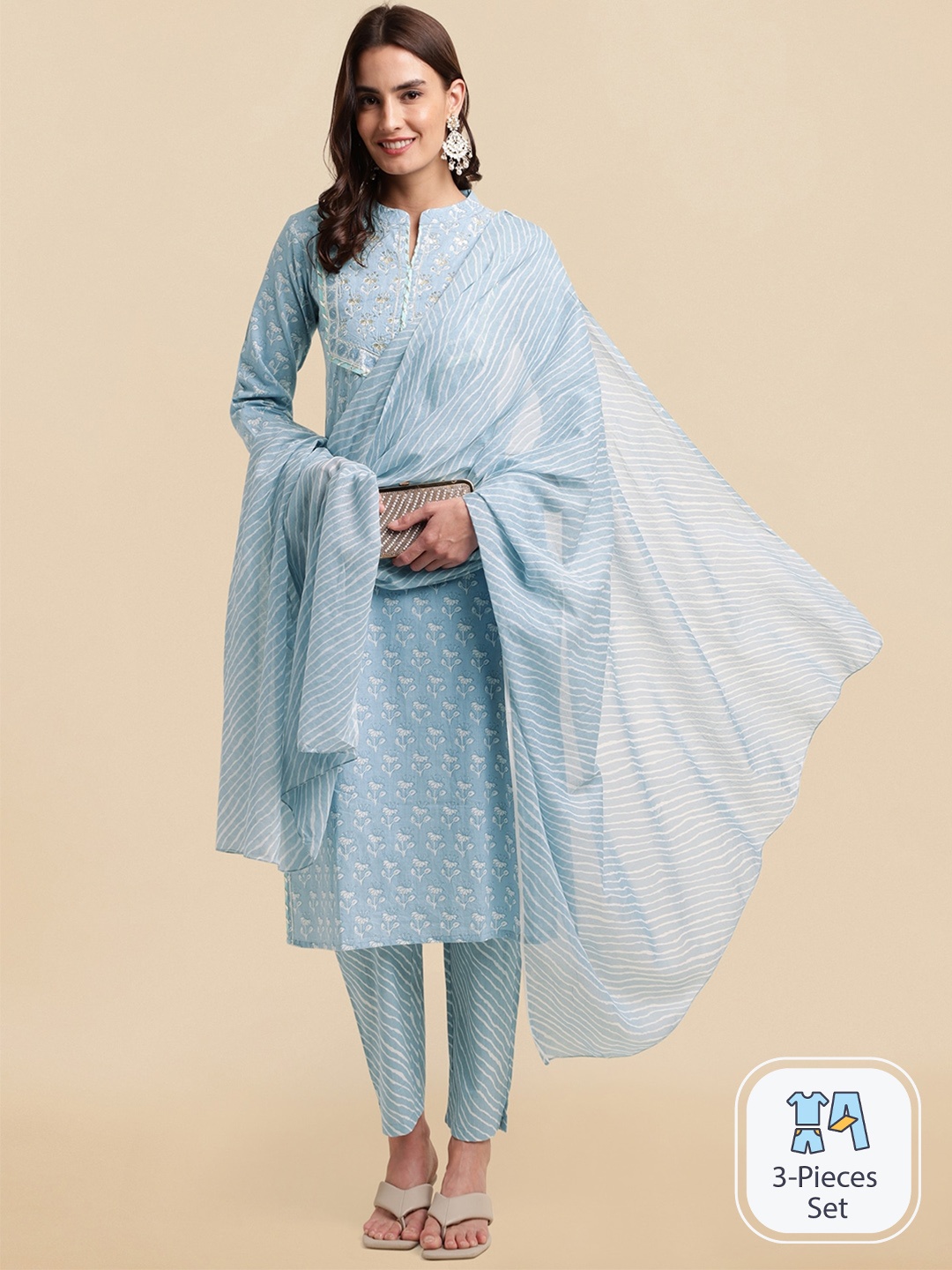 

KALINI Floral Printed Sequinned Pure Cotton Straight Kurta & Trousers With Dupatta, Blue