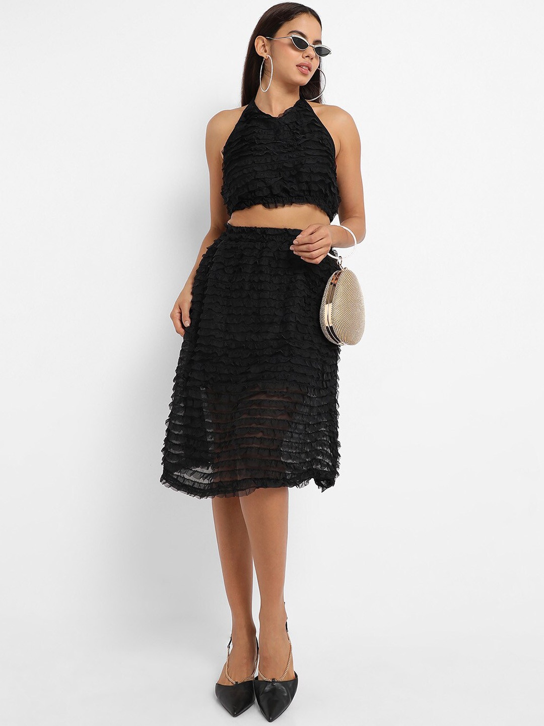 

Campus Sutra Ruffled Crop Top & A-Line Knee-Length Skirt Co-Ords, Black