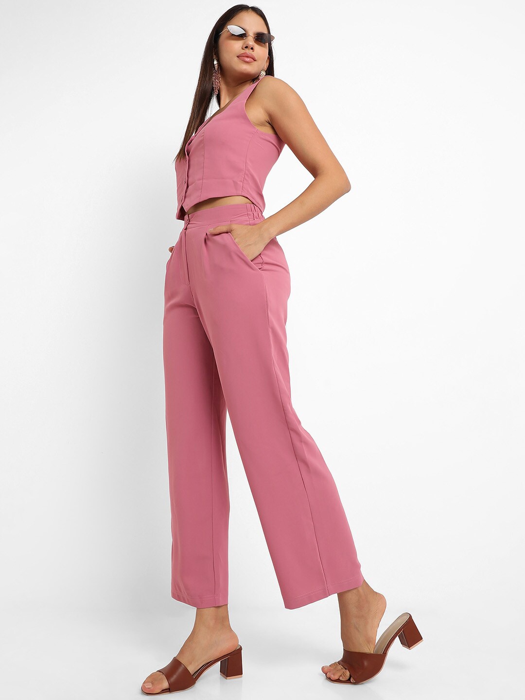 

Campus Sutra Button-Front Top & Trousers Co-Ords, Pink