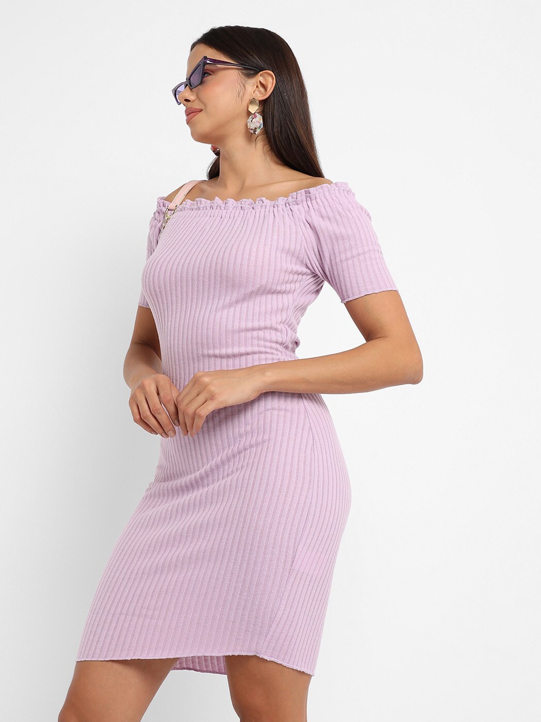 

Campus Sutra Ribbed Off-Shoulder Cotton Sheath Dress, Purple