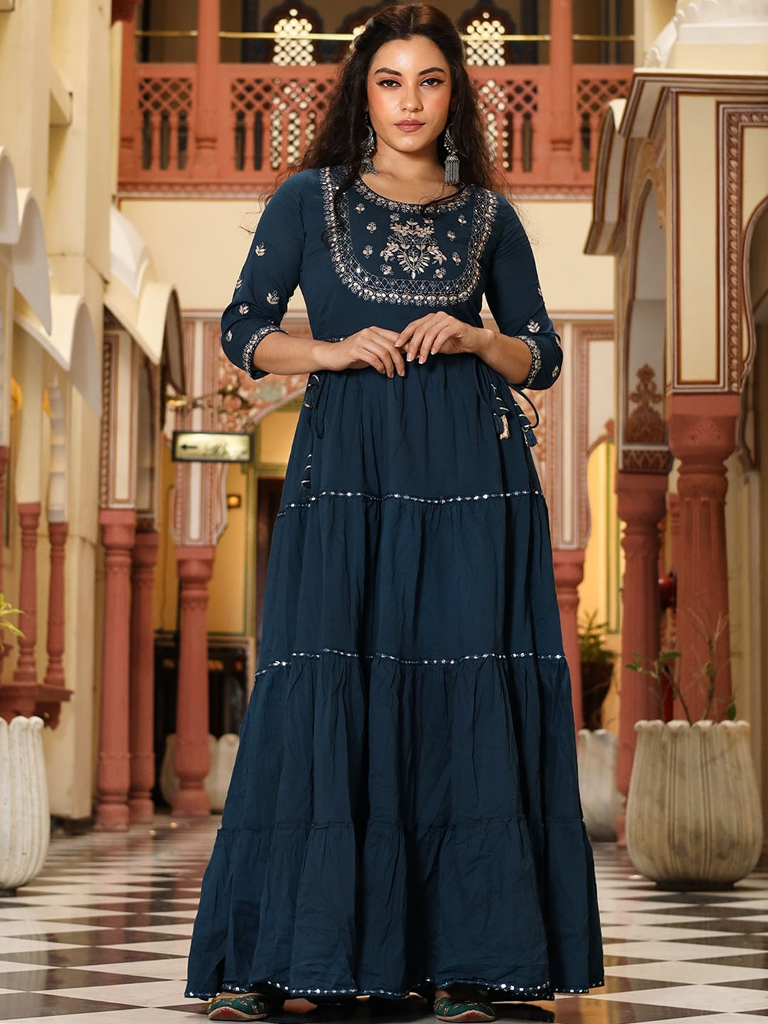 

Divena Floral Embroidered Maxi Pure Cotton Ethnic Dress, Blue