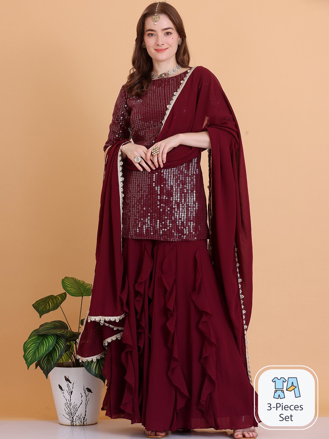 

Ethnovog Embellished Regular Sequinned Straight Kurti & Sharara With Dupatta, Burgundy