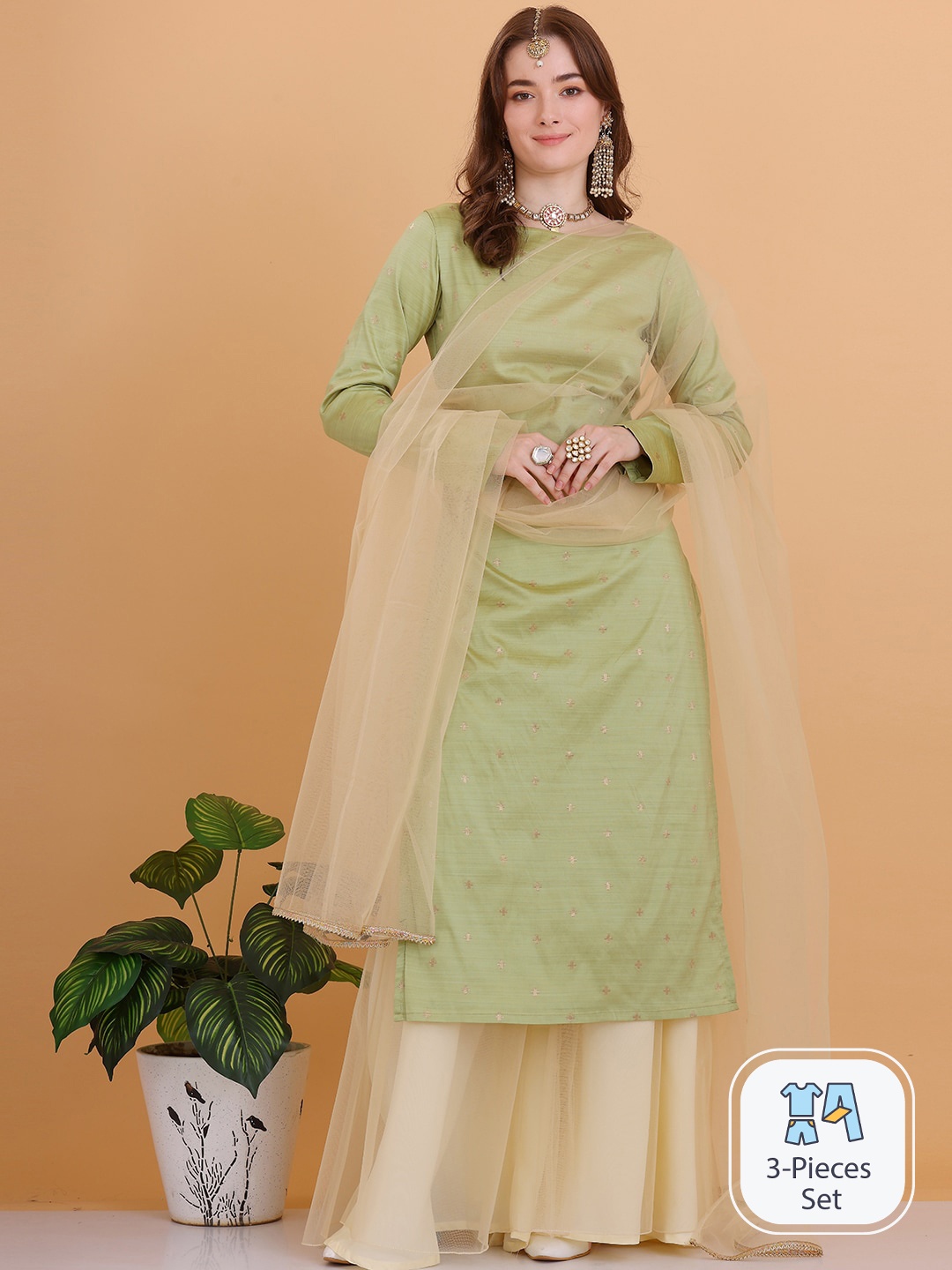 

Ethnovog Geometric Woven Design Regular Kurta & Palazzos With Dupatta, Green