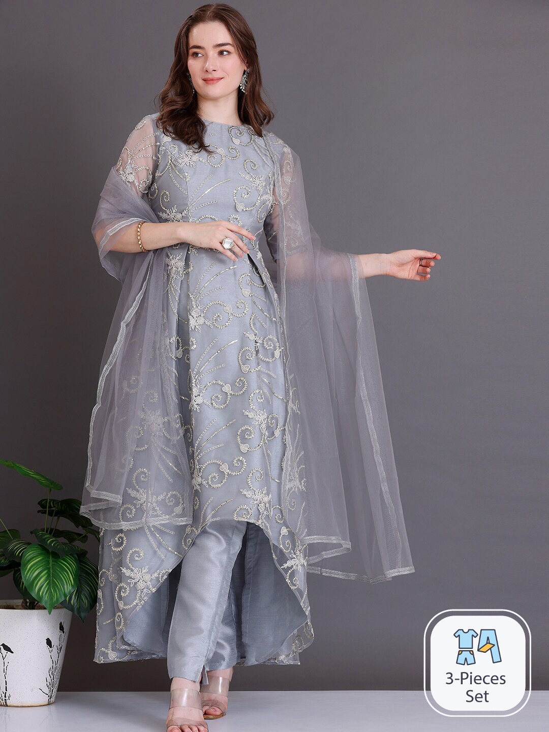 

Ethnovog Floral Embroidered High-Low Thread Work A-Line Kurta & Trousers With Dupatta, Grey