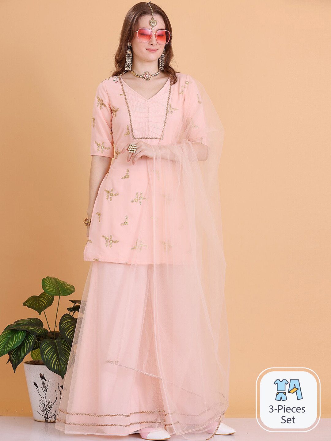 

Ethnovog Floral Embroidered Empire Sequinned Straight Kurti & Palazzos With Dupatta, Peach